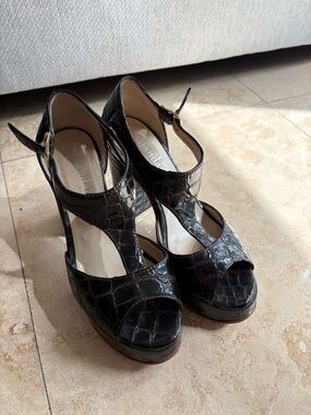 Black Croc-Embossed Platform T-Strap Heels